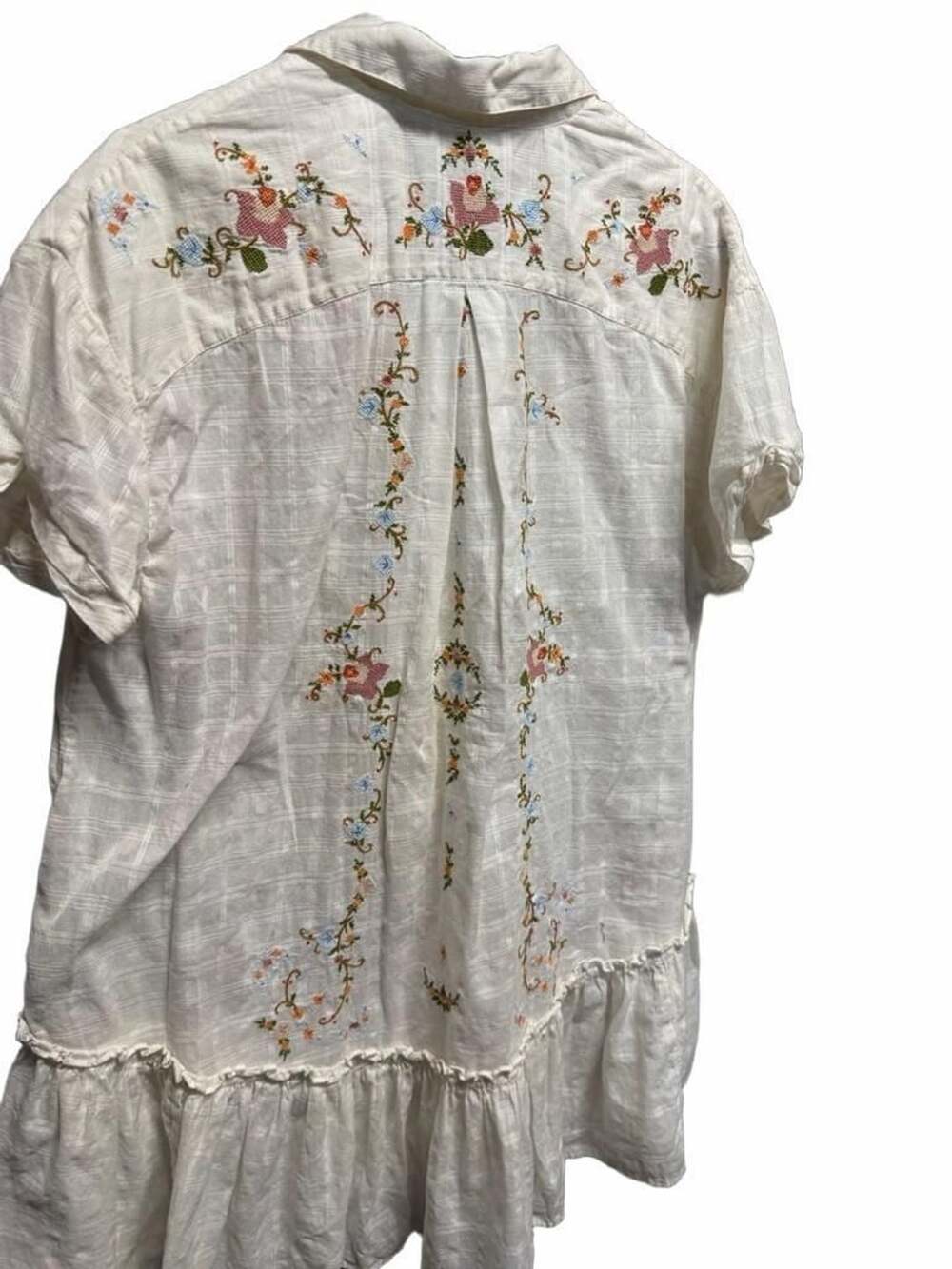 189 Free People White Plaid Embroidered Floral Button-Down Ruffle Hem Tunic Shir - Picture 2 of 6